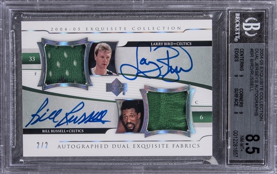 2004-05 UD Exquisite Collection "Dual Jerseys Autographs" #A2E-BR Larry Bird/Bill Russell Dual-Signed Game Used Patch Card (#2/2) – BGS NM-MT+ 8.5/BGS 10